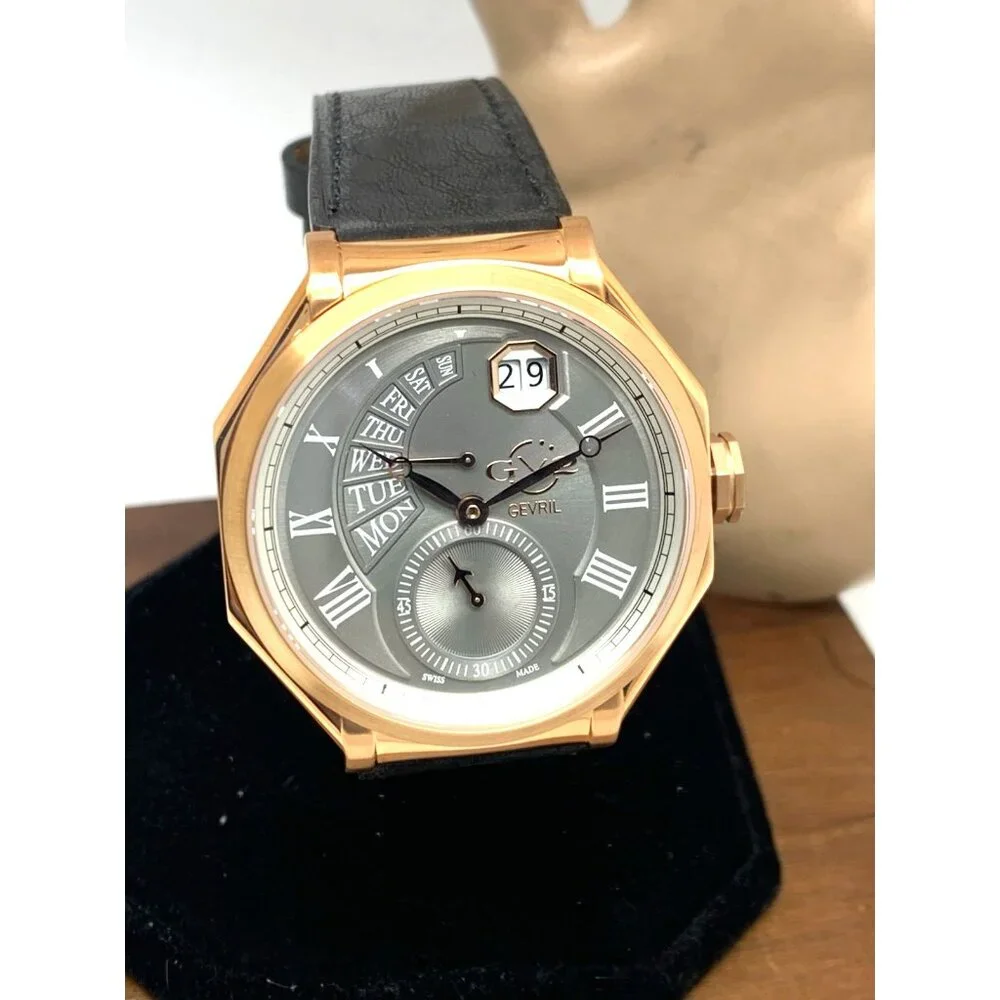 Gevril GV2 Men's Watch 42423 Swiss Quartz Gray Dial Black Leather Strap 44mm